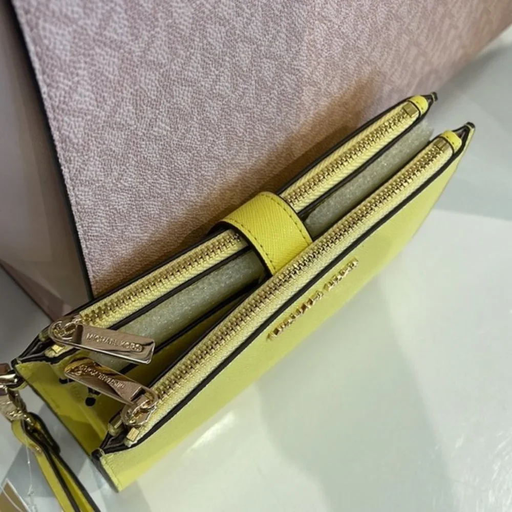 Michael Kors Jet Set Travel Large Double Zip Leather Wristlet Sunshine Yellow